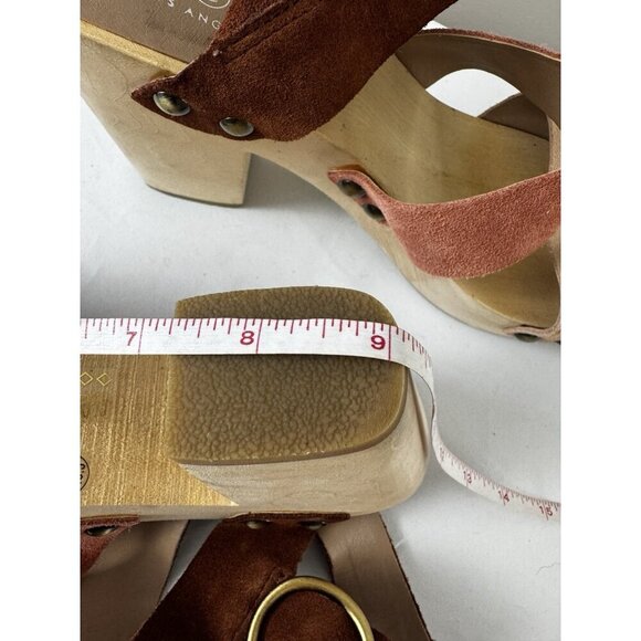 Retro Boho Chunky Platform Suede Leather 9.5 Sandals Pink Brown Wooden Heel - Picture 13 of 16